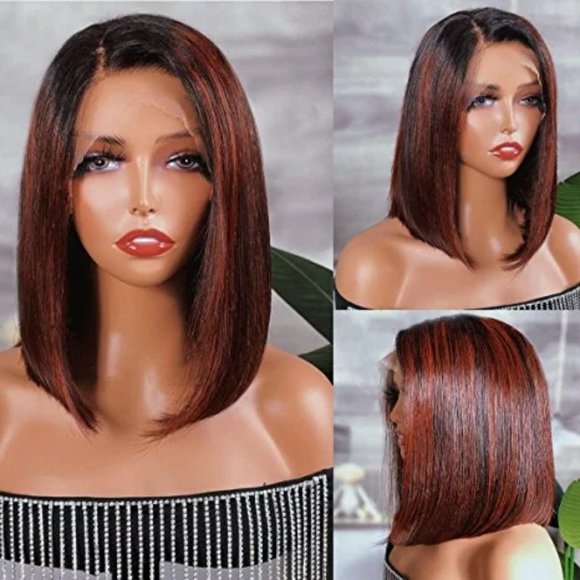 14 " Red Brown Virgin Human Straight Hair With Lace Front Wig Ombre Wig New - Picture 1 of 6